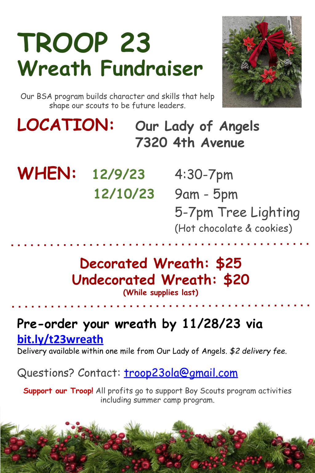 Troop 23 Wreath Fundraiser 2023 Flyer Troop 23 Wreath Fundraiser 2023 Flyer