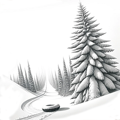 DALL·E 2023-10-28 10.11.36 - Pencil drawing on a pure white background illustrating a winter setting. A tall pine tree, heavily covered with snow, stands gracefully towards the le