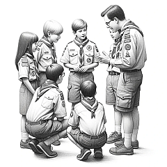 DALL·E 2023-10-24 17.16.58 - Pencil drawing on a white background representing a recruitment event for Scouts BSA and Cub Scouts, showcasing a small group of around three to four 