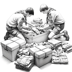 DALL·E 2023-10-24 17.40.57 - Detailed pencil sketch showcasing two scouts working in tandem. They are carefully sorting through a modest pile of clothing, packing them into one or