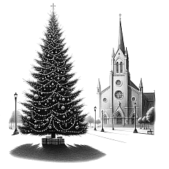 DALL·E 2023-11-01 17.38.56 - Pencil drawing on a pure white background illustrating the Annual Tree Lighting event. A tall, beautifully decorated Christmas tree stands in the fore