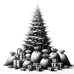 DALL·E 2023-11-01 22.24.22 - Pencil drawing on a pure white background. A tall Christmas tree stands in the center, surrounded by a large number of sacks and boxes of various size