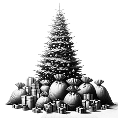DALL·E 2023-11-01 22.24.22 - Pencil drawing on a pure white background. A tall Christmas tree stands in the center, surrounded by a large number of sacks and boxes of various size DALL·E 2023-11-01 22.24.22 - Pencil drawing on a pure white background. A tall Christmas tree stands in the center, surrounded by a large number of sacks and boxes of various size