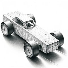 DALL·E 2024-02-27 14.31.06 - Pencil drawing on a pure white background illustrating a single Pinewood Derby car in isolation. The car is shown in a close-up view, highlighting its