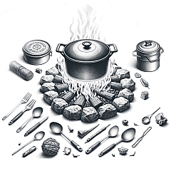 DALL·E 2023-10-25 21.46.34 - Pencil drawing on a white background depicting a crackling campfire, surrounded by various cooking utensils and equipment suitable for a scout's outdo