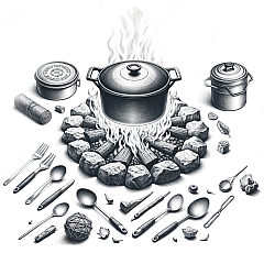 DALL·E 2023-10-25 21.46.34 - Pencil drawing on a white background depicting a crackling campfire, surrounded by various cooking utensils and equipment suitable for a scout's outdo DALL·E 2023-10-25 21.46.34 - Pencil drawing on a white background depicting a crackling campfire, surrounded by various cooking utensils and equipment suitable for a scout's outdo
