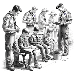 DALL·E 2023-11-01 22.46.37 - Pencil drawing on a white background depicting Boy Scouts of America members participating in community service. Two scouts are painting a park bench,