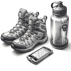 DALL·E 2023-10-25 22.13.19 - Pencil drawing on a clean white background illustrating hiking essentials arranged from left to right. Starting on the left, a detailed hiking boot is