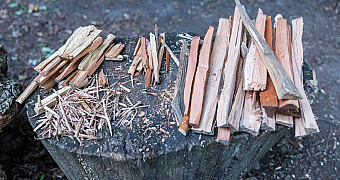Tinder, Kindling and Fuel Wood on a Chopping Block Wood shavings for tinder, thin split kindling and larger split fuel wood sorted by size on a chopping block, Camp Seton